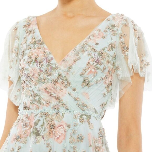 NEW Mac Duggal Blue Floral Beaded Flutter Sleeve Dress 11220 - Picture 2 of 11